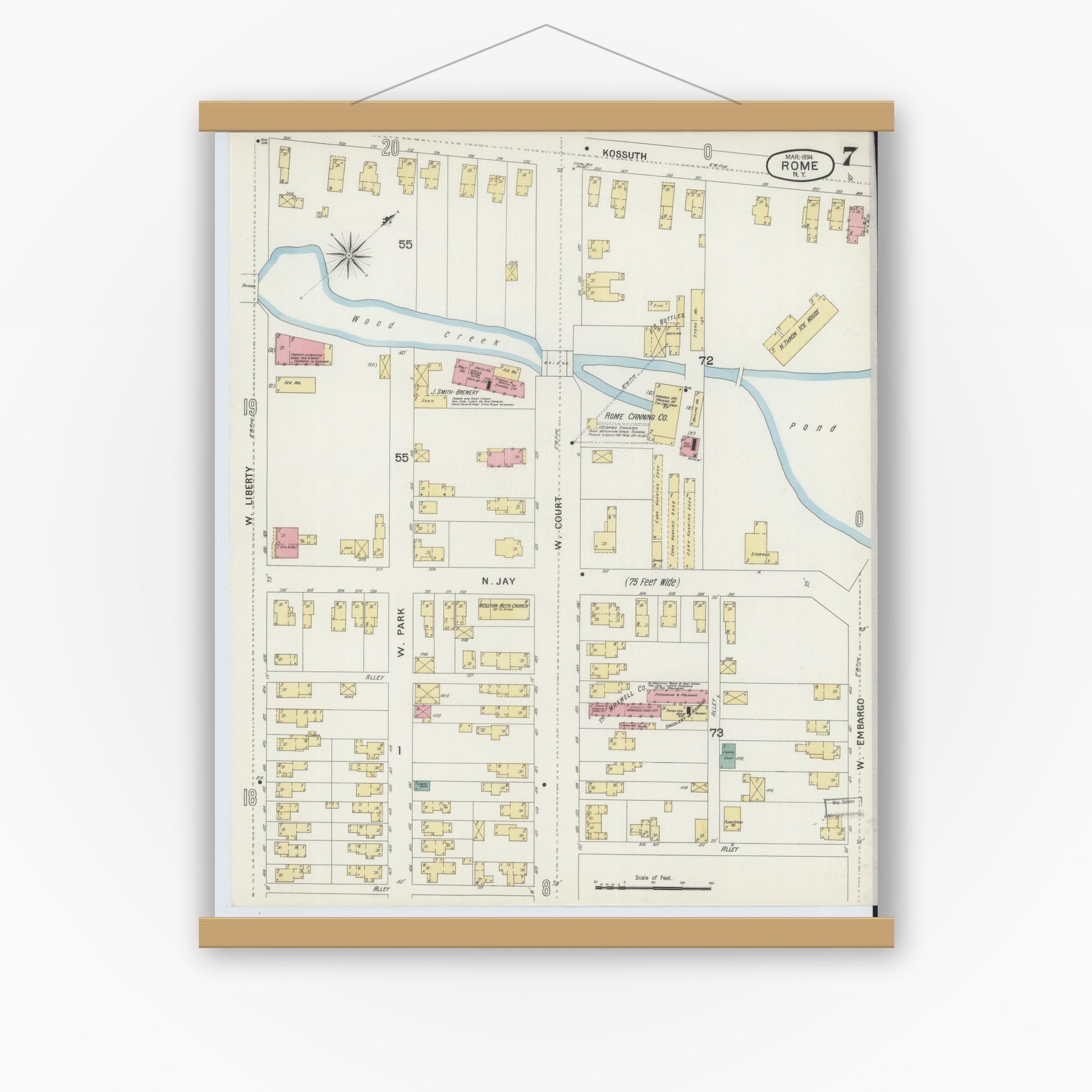 Old map wall art mockup — magnetic wood frame on white wall — Sanborn Fire Insurance Map from Rome, Oneida County, New York (1894), Sheet #0007