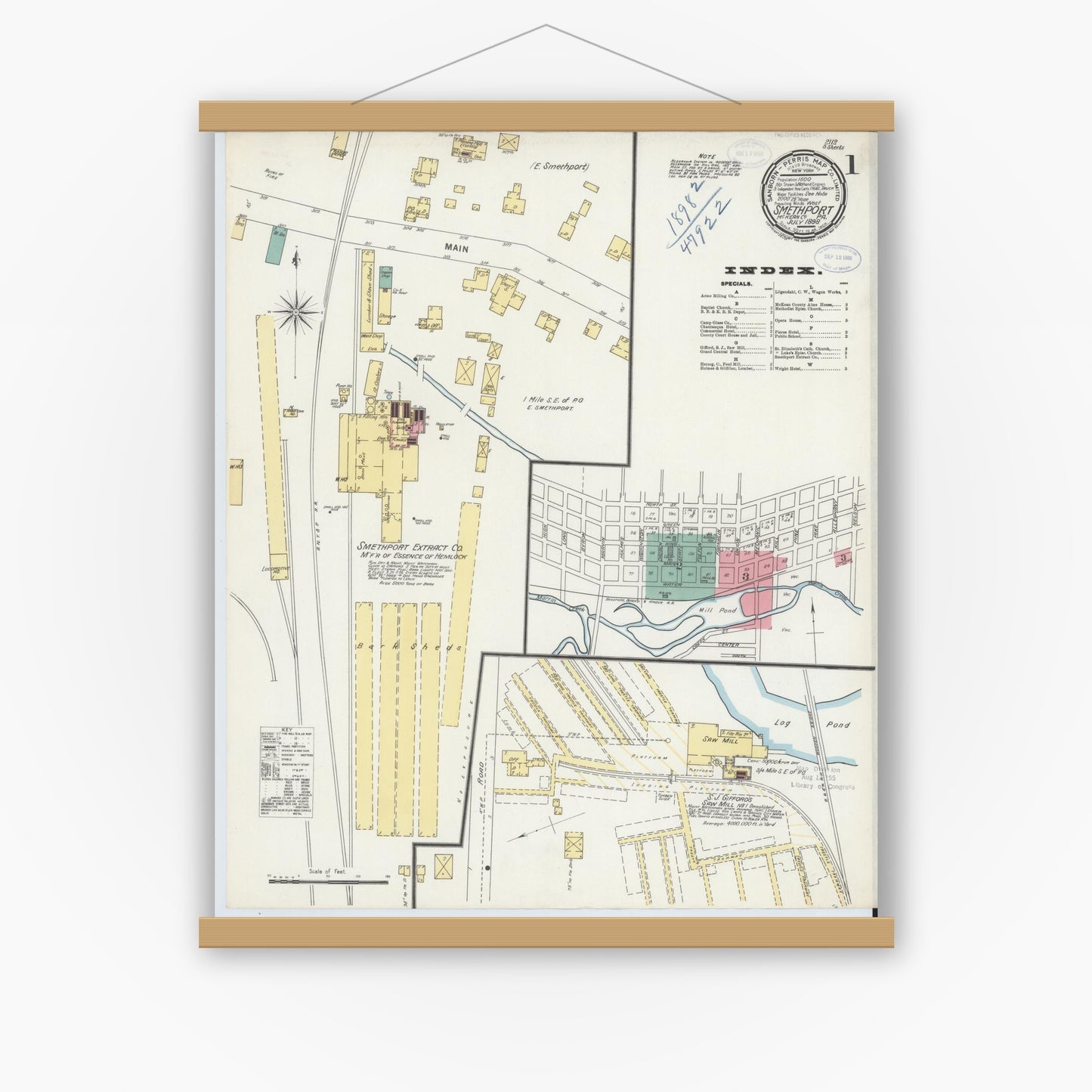 Old map wall art mockup — magnetic wood frame on white wall — Sanborn Fire Insurance Map from Smethport, McKean County, Pennsylvania (1898), Sheet #0001