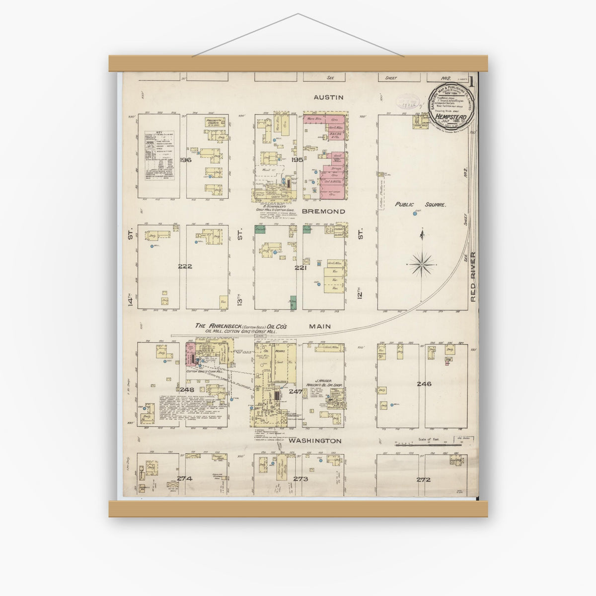 Old map wall art mockup — magnetic wood frame on white wall — Sanborn Fire Insurance Map from Hempstead, Waller County, Texas (1885) - Complete Map Set