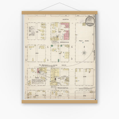 Old map wall art mockup — magnetic wood frame on white wall — Sanborn Fire Insurance Map from Hempstead, Waller County, Texas (1885) - Complete Map Set