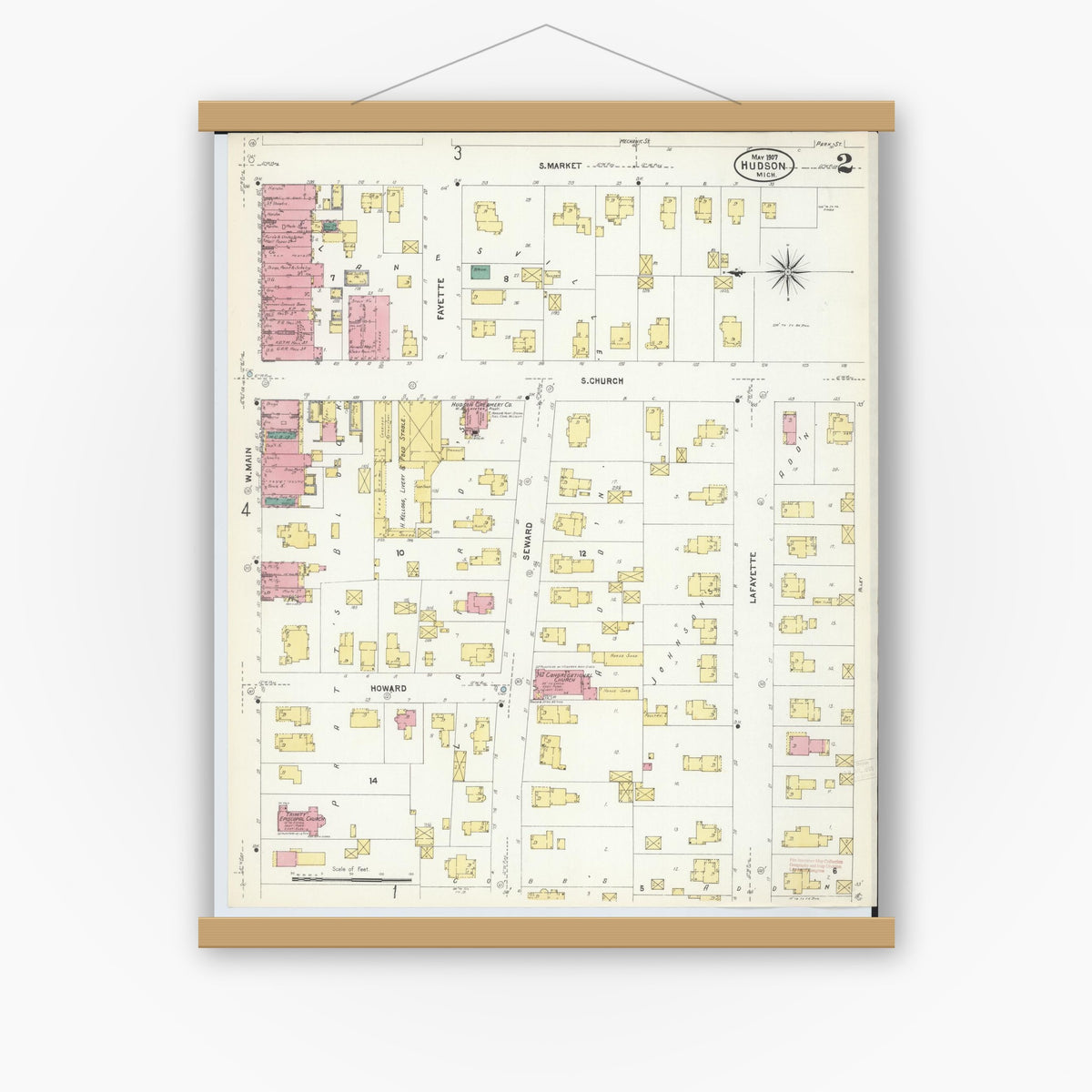 Old map wall art mockup — magnetic wood frame on white wall — Sanborn Fire Insurance Map from Hudson, Lenawee County, Michigan (1907), Sheet #0002