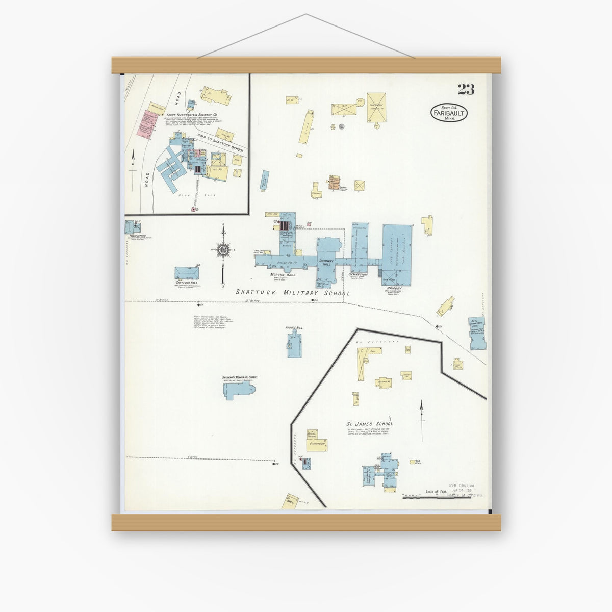 Old map wall art mockup — magnetic wood frame on white wall — Sanborn Fire Insurance Map from Faribault, Rice County, Minnesota (1914), Sheet #0023