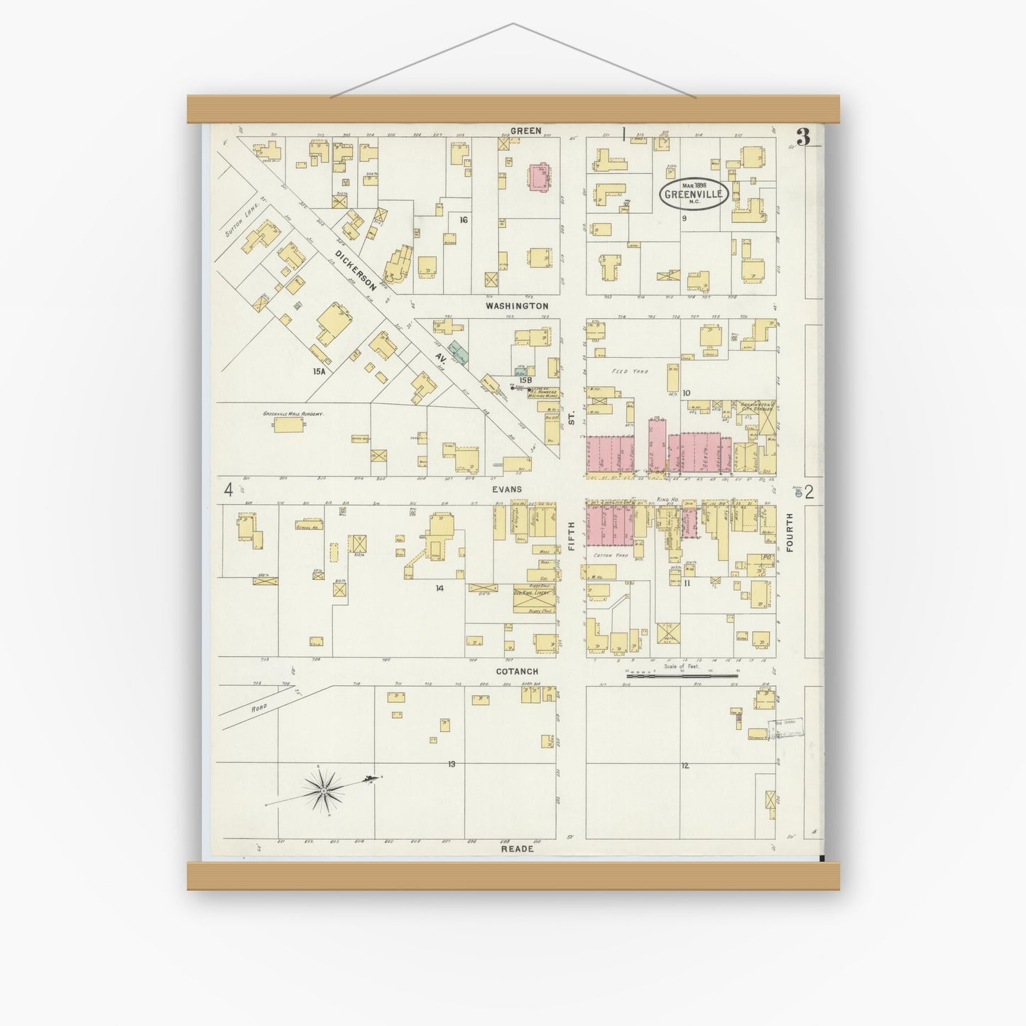 Old map wall art mockup — magnetic wood frame on white wall — Sanborn Fire Insurance Map from Greenville, Pitt County, North Carolina (1898), Sheet #0003