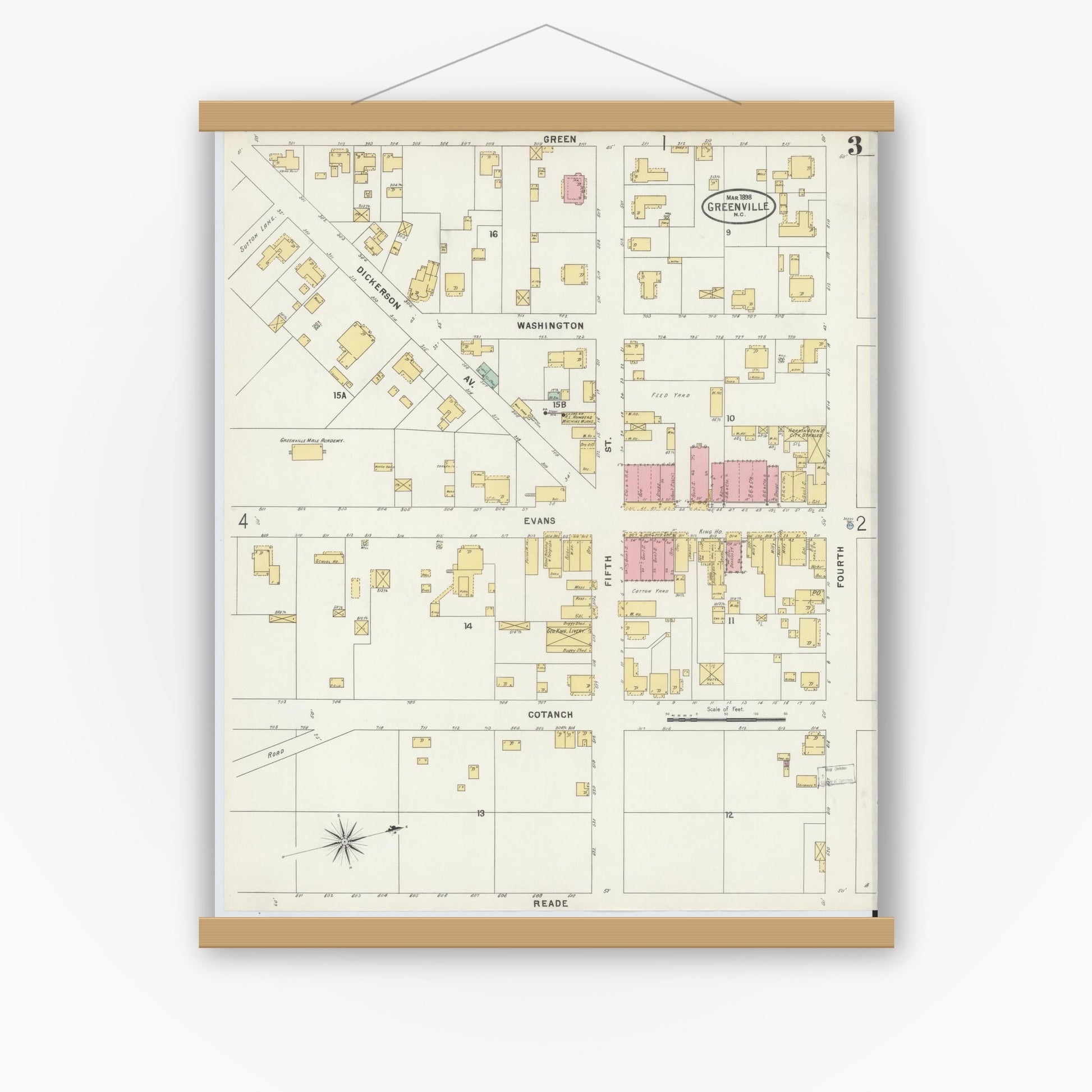 Old map wall art mockup — magnetic wood frame on white wall — Sanborn Fire Insurance Map from Greenville, Pitt County, North Carolina (1898), Sheet #0003