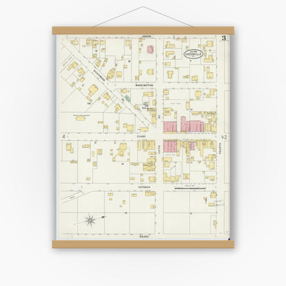 Old map wall art mockup — magnetic wood frame on white wall — Sanborn Fire Insurance Map from Greenville, Pitt County, North Carolina (1898), Sheet #0003
