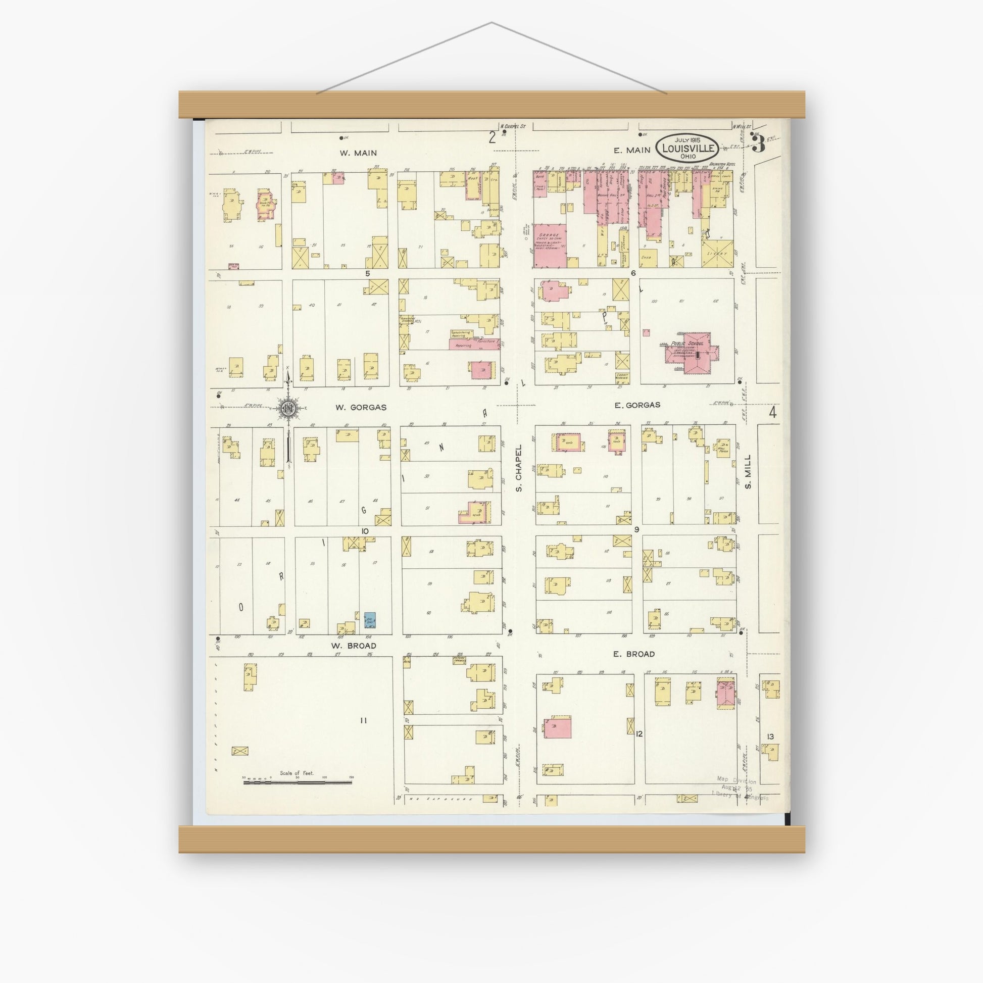 Old map wall art mockup — magnetic wood frame on white wall — Sanborn Fire Insurance Map from Louisville, Stark County, Ohio (1915), Sheet #0003