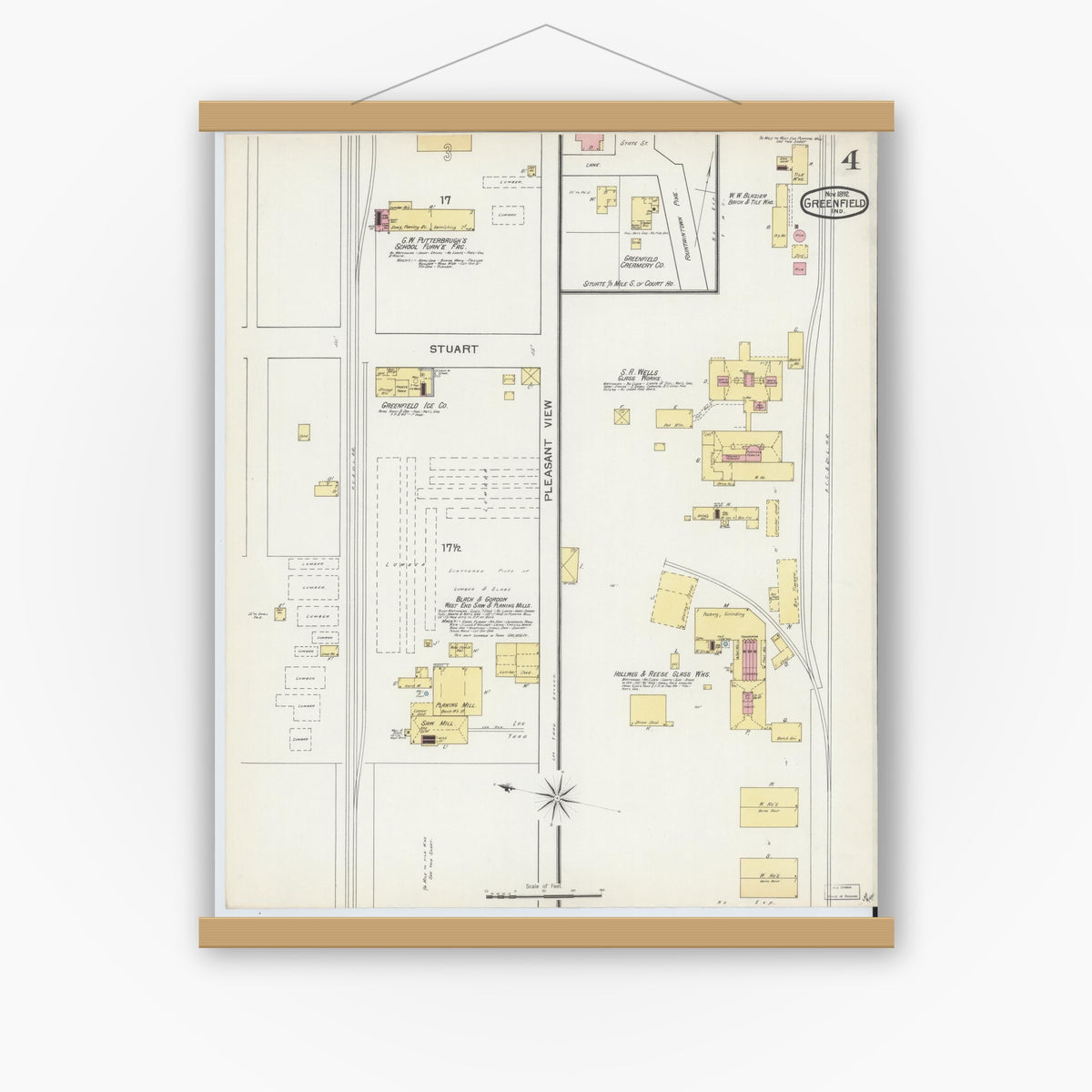 Old map wall art mockup — magnetic wood frame on white wall — Sanborn Fire Insurance Map from Greenfield, Hancock County, Indiana (1892), Sheet #0004