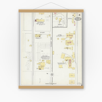 Old map wall art mockup — magnetic wood frame on white wall — Sanborn Fire Insurance Map from Greenfield, Hancock County, Indiana (1892), Sheet #0004