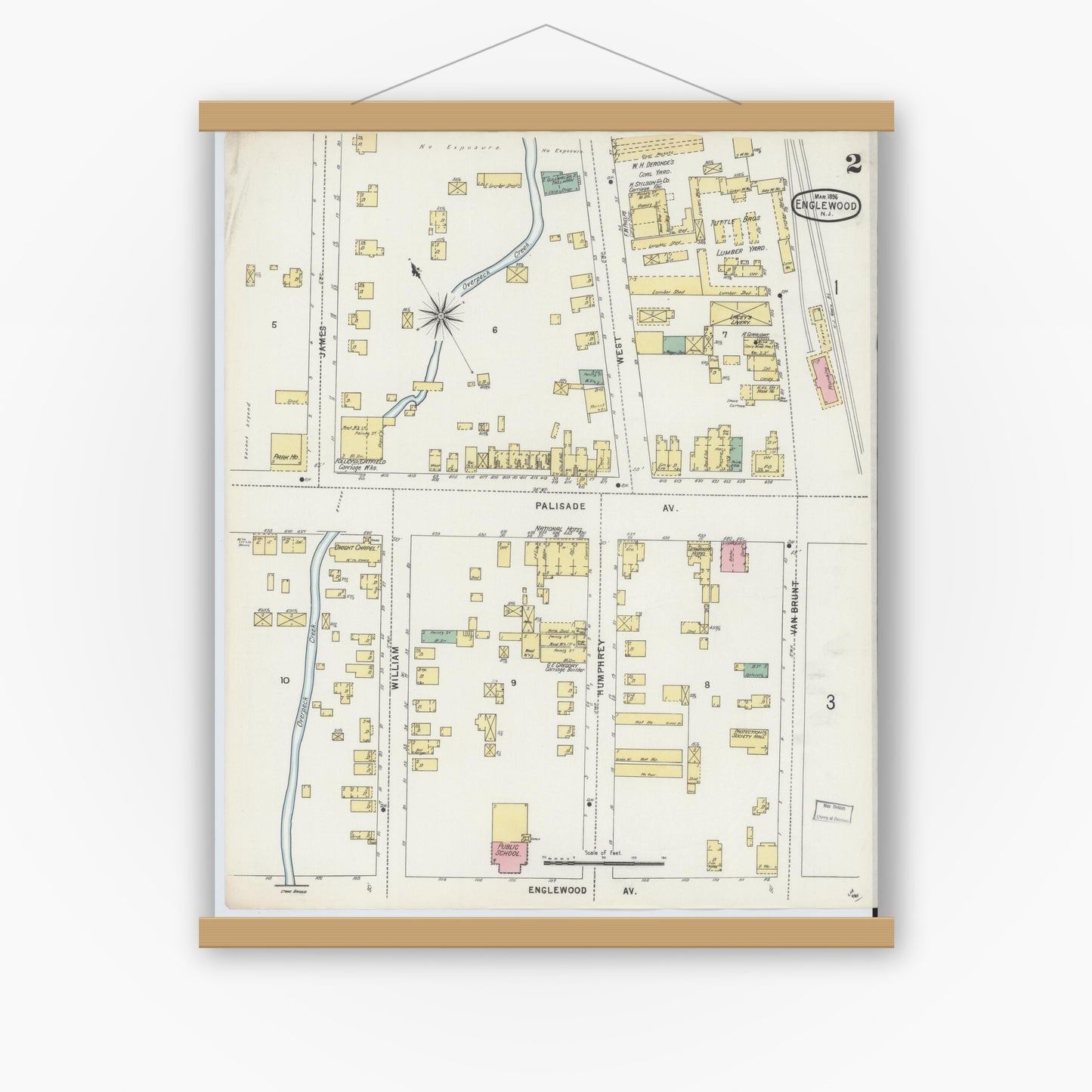 Old map wall art mockup — magnetic wood frame on white wall — Sanborn Fire Insurance Map from Englewood, Bergen County, New Jersey (1896), Sheet #0002