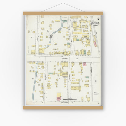 Old map wall art mockup — magnetic wood frame on white wall — Sanborn Fire Insurance Map from Englewood, Bergen County, New Jersey (1896), Sheet #0002