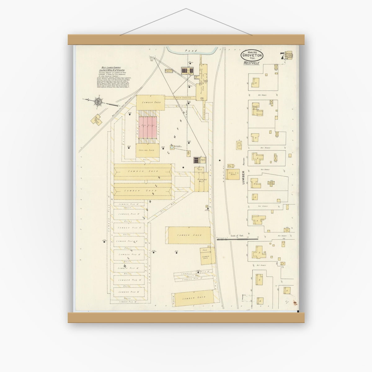 Old map wall art mockup — magnetic wood frame on white wall — Sanborn Fire Insurance Map from Groveton, Trinity County, Texas (1912), Sheet #0007