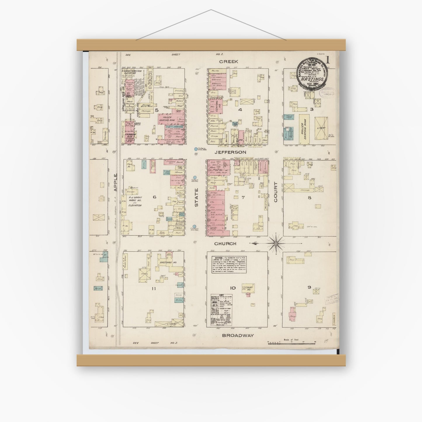 Old map wall art mockup — magnetic wood frame on white wall — Sanborn Fire Insurance Map from Hastings, Barry County, Michigan (1884) - Complete Map Set