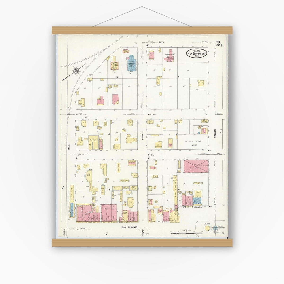 Old map wall art mockup — magnetic wood frame on white wall — Sanborn Fire Insurance Map from New Braunfels, Comal County, Texas (1912), Sheet #0002