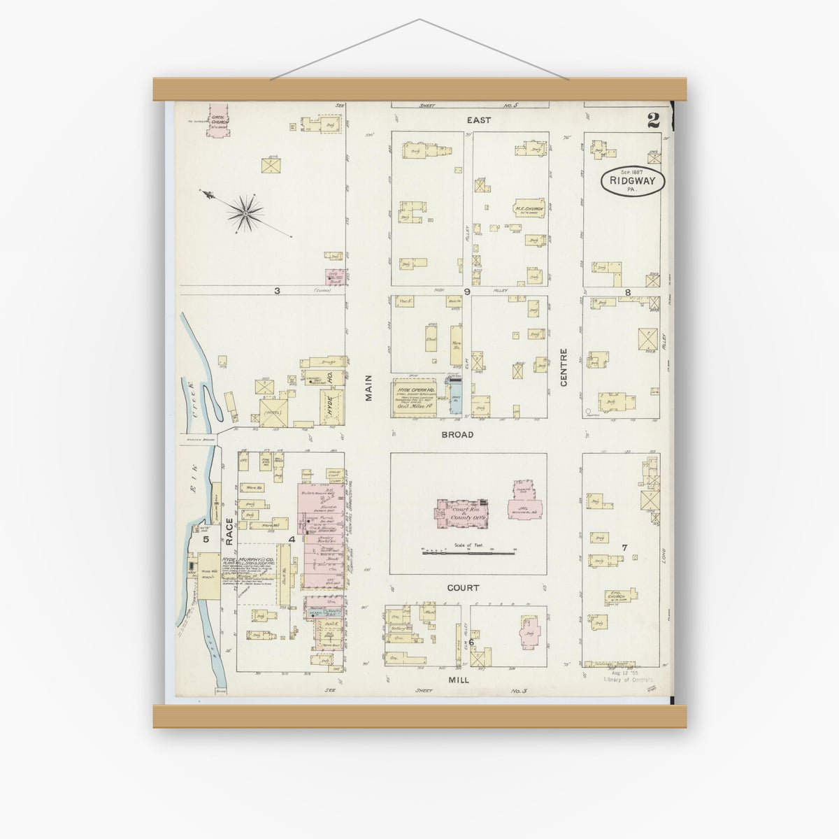 Old map wall art mockup — magnetic wood frame on white wall — Sanborn Fire Insurance Map from Ridgway, Elk County, Pennsylvania (1887), Sheet #0002