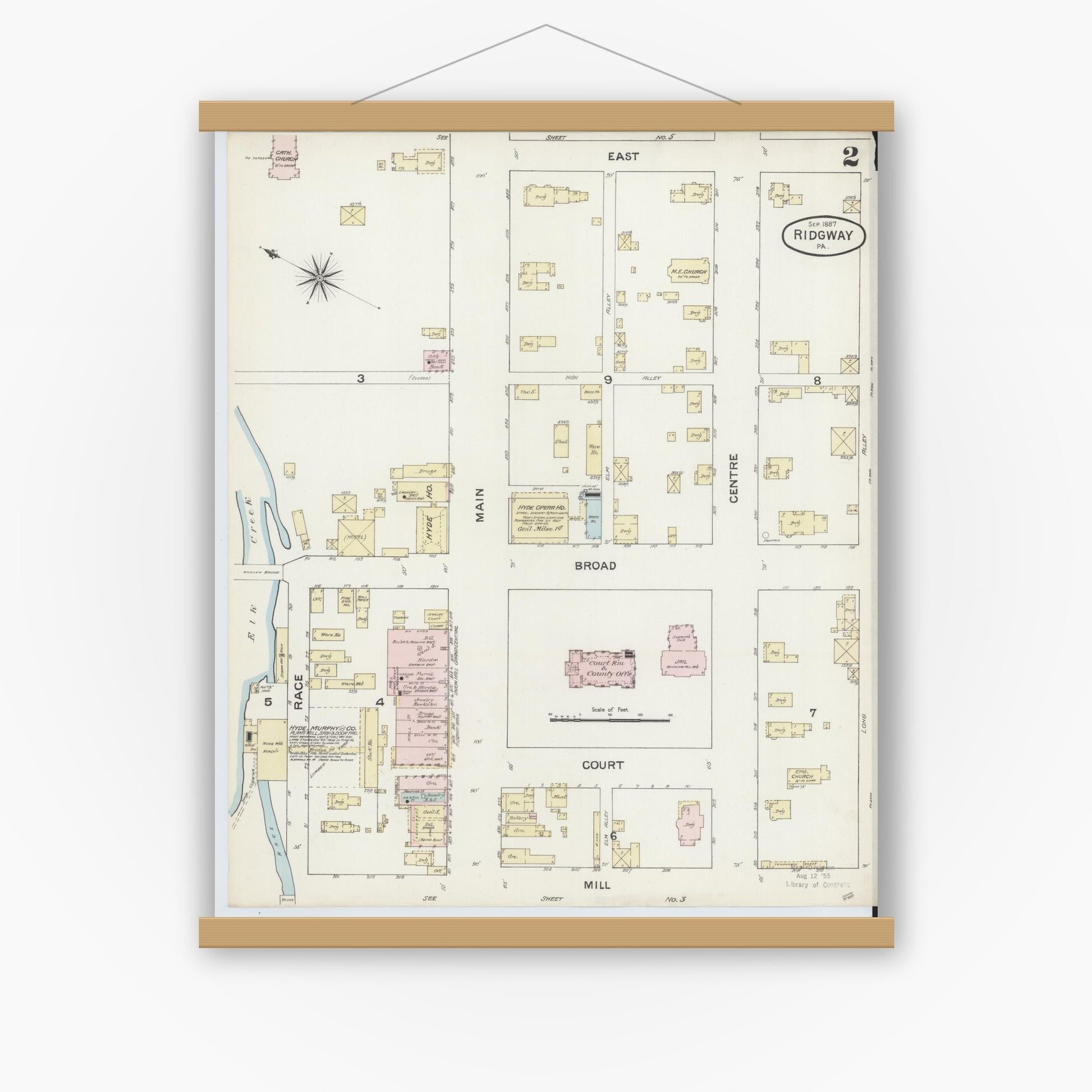 Old map wall art mockup — magnetic wood frame on white wall — Sanborn Fire Insurance Map from Ridgway, Elk County, Pennsylvania (1887), Sheet #0002