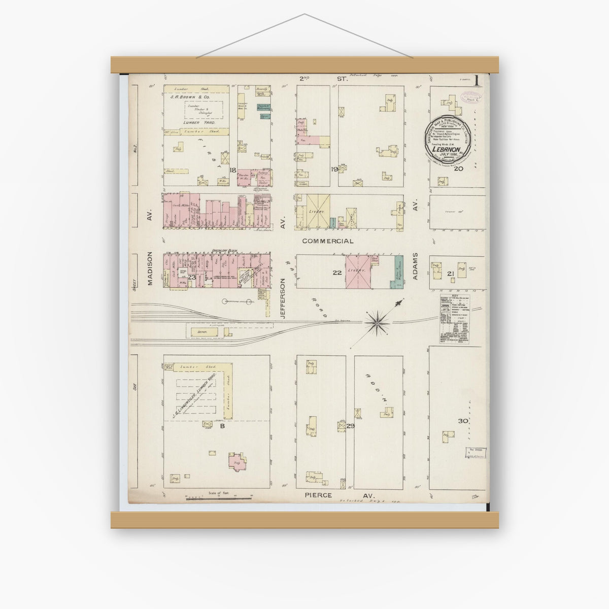 Old map wall art mockup — magnetic wood frame on white wall — Sanborn Fire Insurance Map from Lebanon, Laclede County, Missouri (1886) - Complete Map Set
