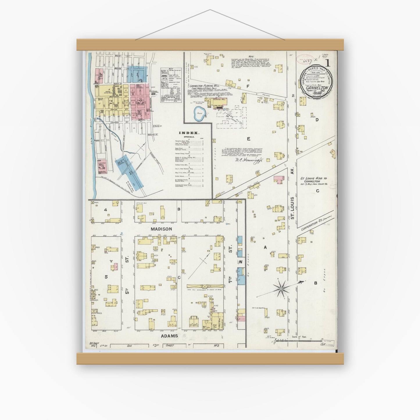 Old map wall art mockup — magnetic wood frame on white wall — Sanborn Fire Insurance Map from Cannelton, Perry County, Indiana (1892), Sheet #0001