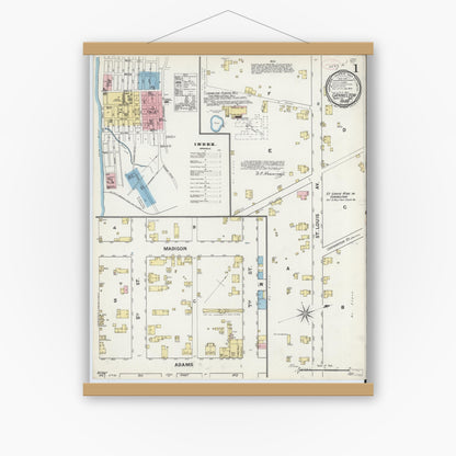 Old map wall art mockup — magnetic wood frame on white wall — Sanborn Fire Insurance Map from Cannelton, Perry County, Indiana (1892), Sheet #0001