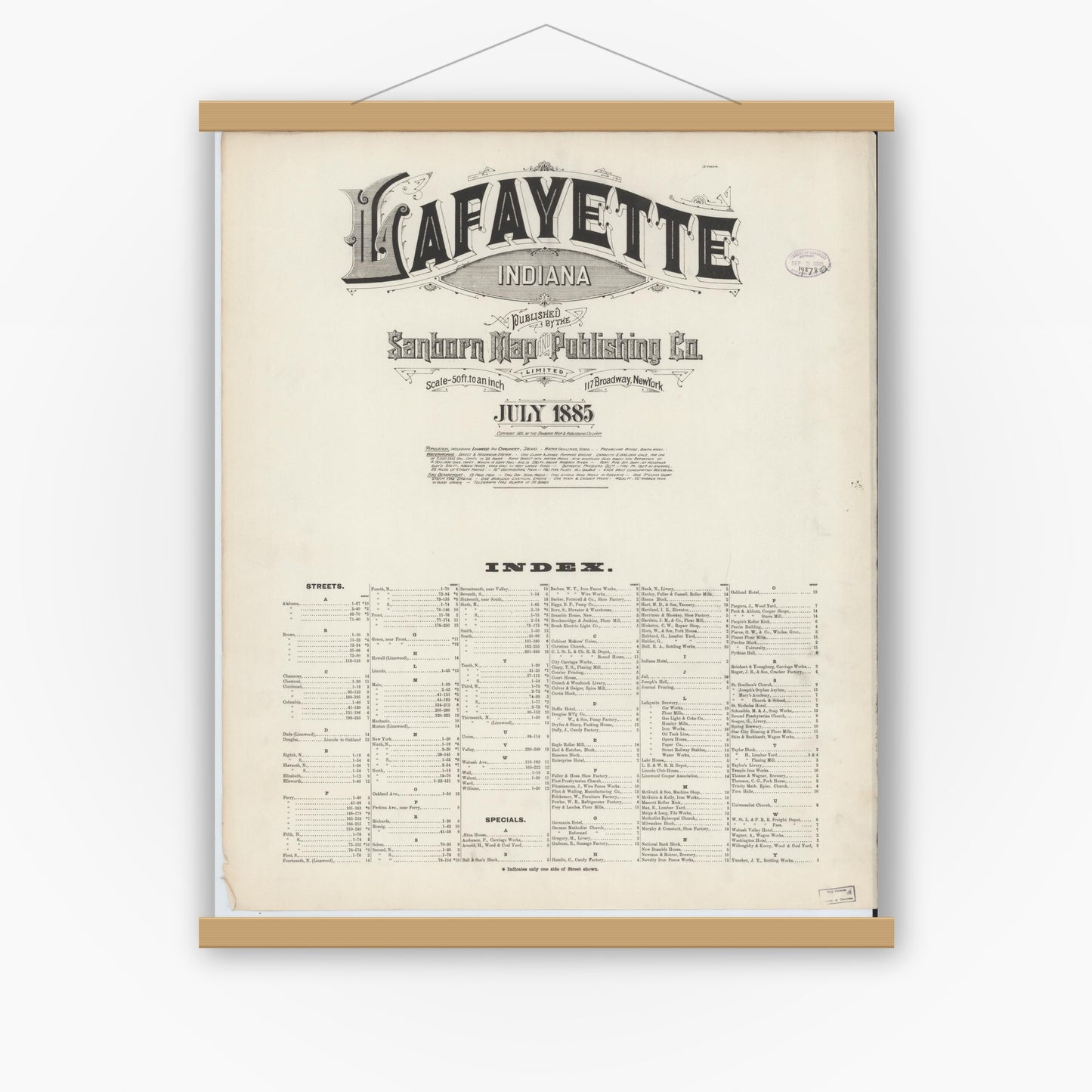 Old map wall art mockup — magnetic wood frame on white wall — Sanborn Fire Insurance Map from Lafayette, Tippecanoe County, Indiana (1885), Sheet #0001