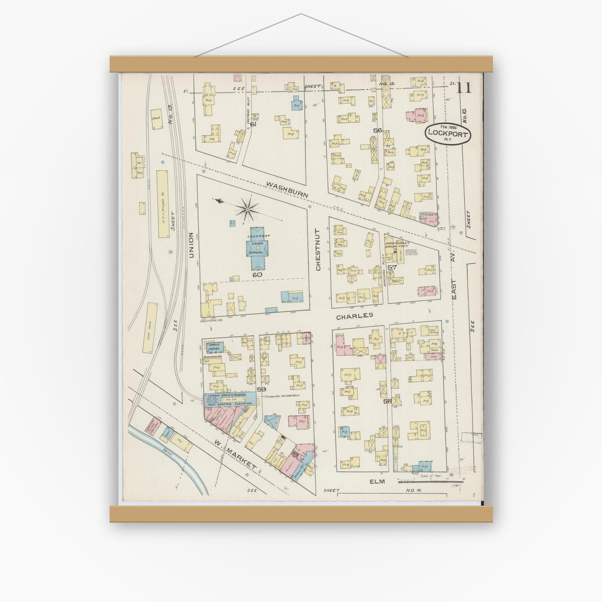 Old map wall art mockup — magnetic wood frame on white wall — Sanborn Fire Insurance Map from Lockport, Niagara County, New York (1886), Sheet #0010