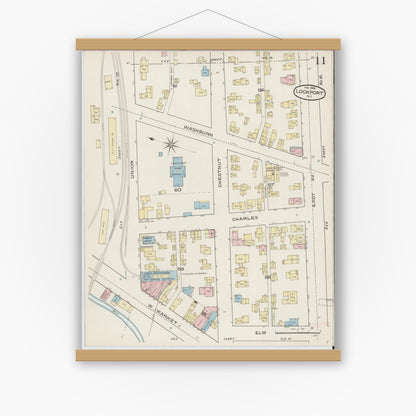 Old map wall art mockup — magnetic wood frame on white wall — Sanborn Fire Insurance Map from Lockport, Niagara County, New York (1886), Sheet #0010