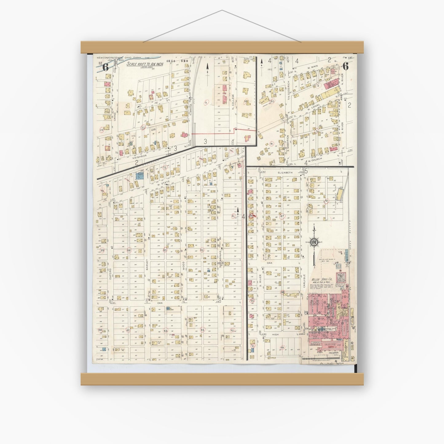 Old map wall art mockup — magnetic wood frame on white wall — Sanborn Fire Insurance Map from Newcomerstown, Tuscarawas County, Ohio (1933), Sheet #0006