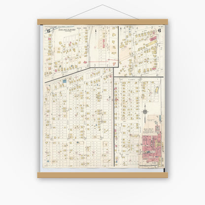 Old map wall art mockup — magnetic wood frame on white wall — Sanborn Fire Insurance Map from Newcomerstown, Tuscarawas County, Ohio (1933), Sheet #0006