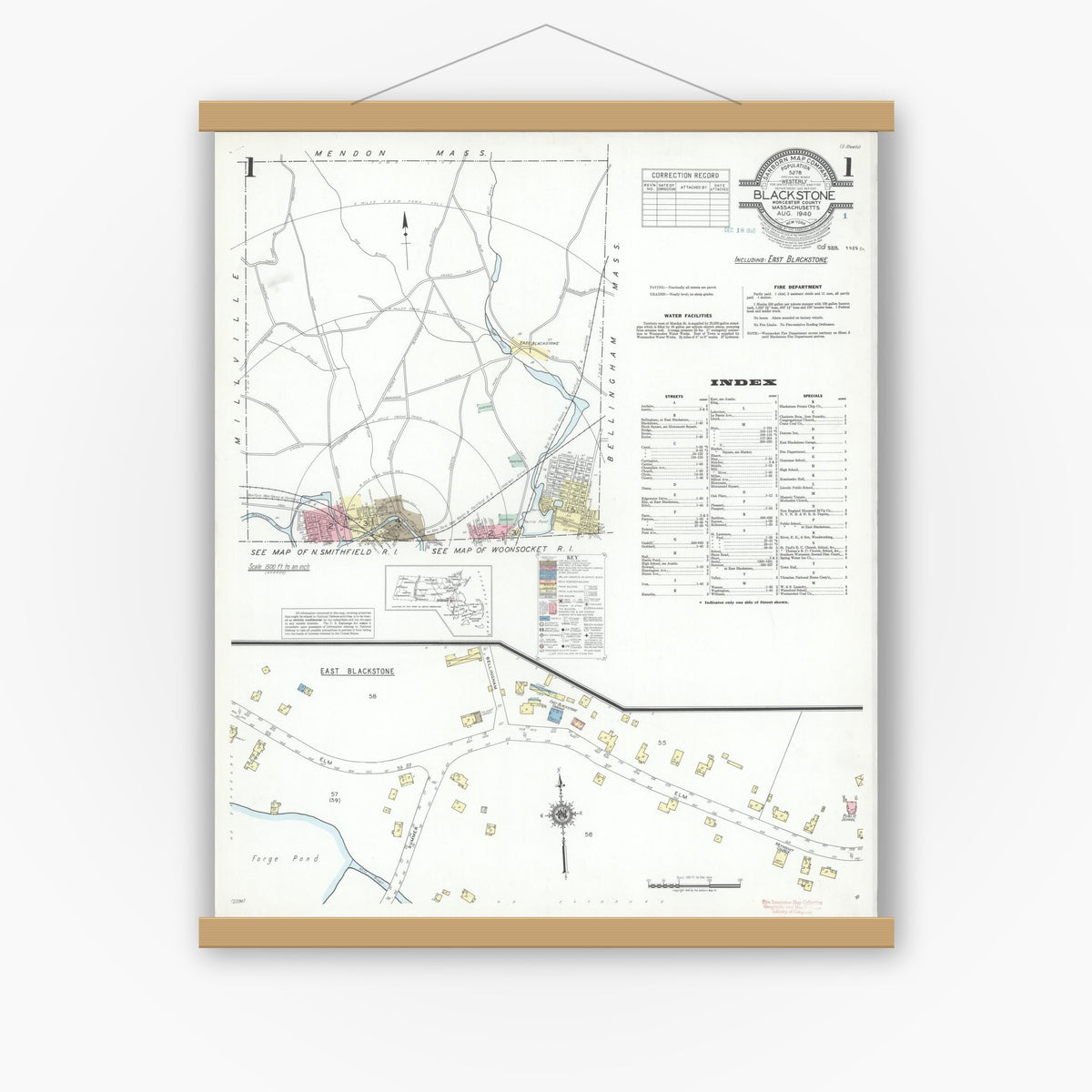 Old map wall art mockup — magnetic wood frame on white wall — Sanborn Fire Insurance Map from Blackstone, Worcester County, Massachusetts (1940), Sheet #0001