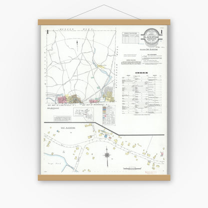 Old map wall art mockup — magnetic wood frame on white wall — Sanborn Fire Insurance Map from Blackstone, Worcester County, Massachusetts (1940), Sheet #0001