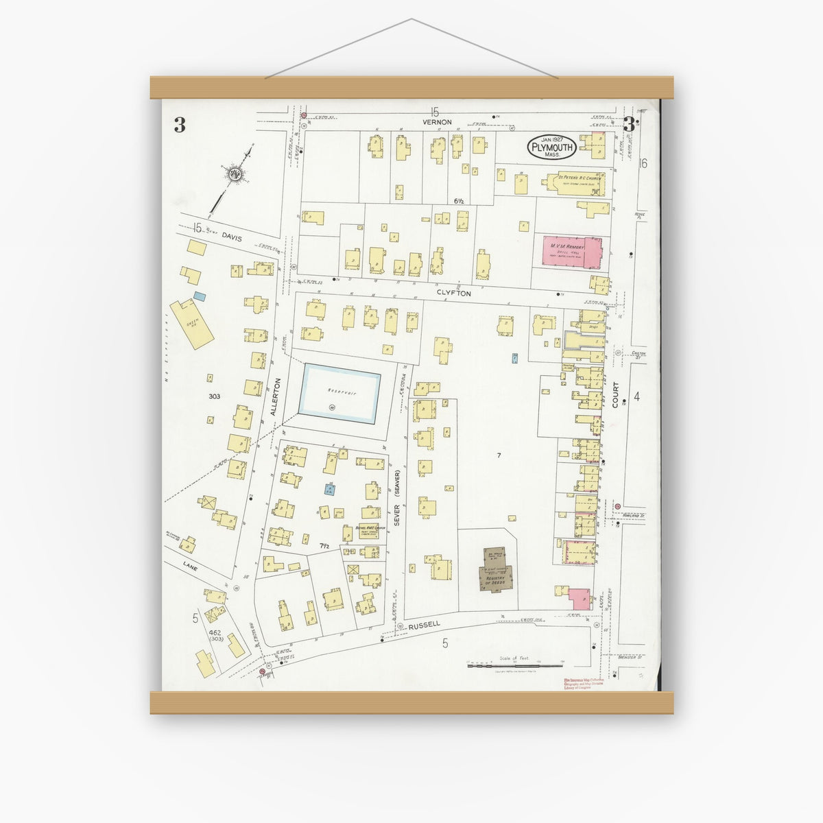 Old map wall art mockup — magnetic wood frame on white wall — Sanborn Fire Insurance Map from Plymouth, Plymouth County, Massachusetts (1927), Sheet #0003