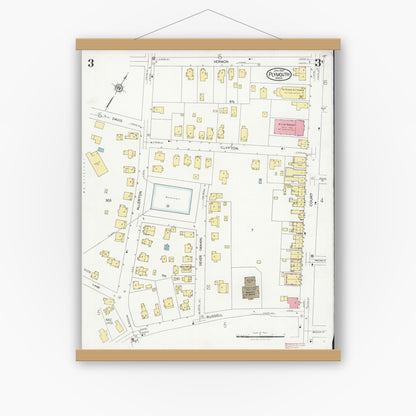 Old map wall art mockup — magnetic wood frame on white wall — Sanborn Fire Insurance Map from Plymouth, Plymouth County, Massachusetts (1927), Sheet #0003