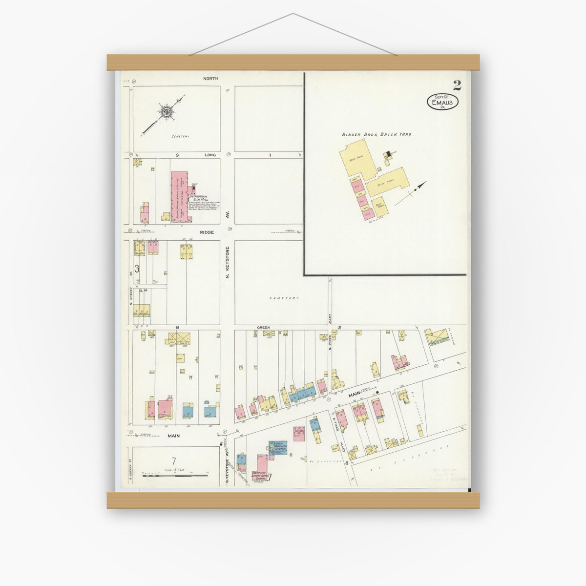 Old map wall art mockup — magnetic wood frame on white wall — Sanborn Fire Insurance Map from Emaus, Lehigh County, Pennsylvania (1911), Sheet #0002