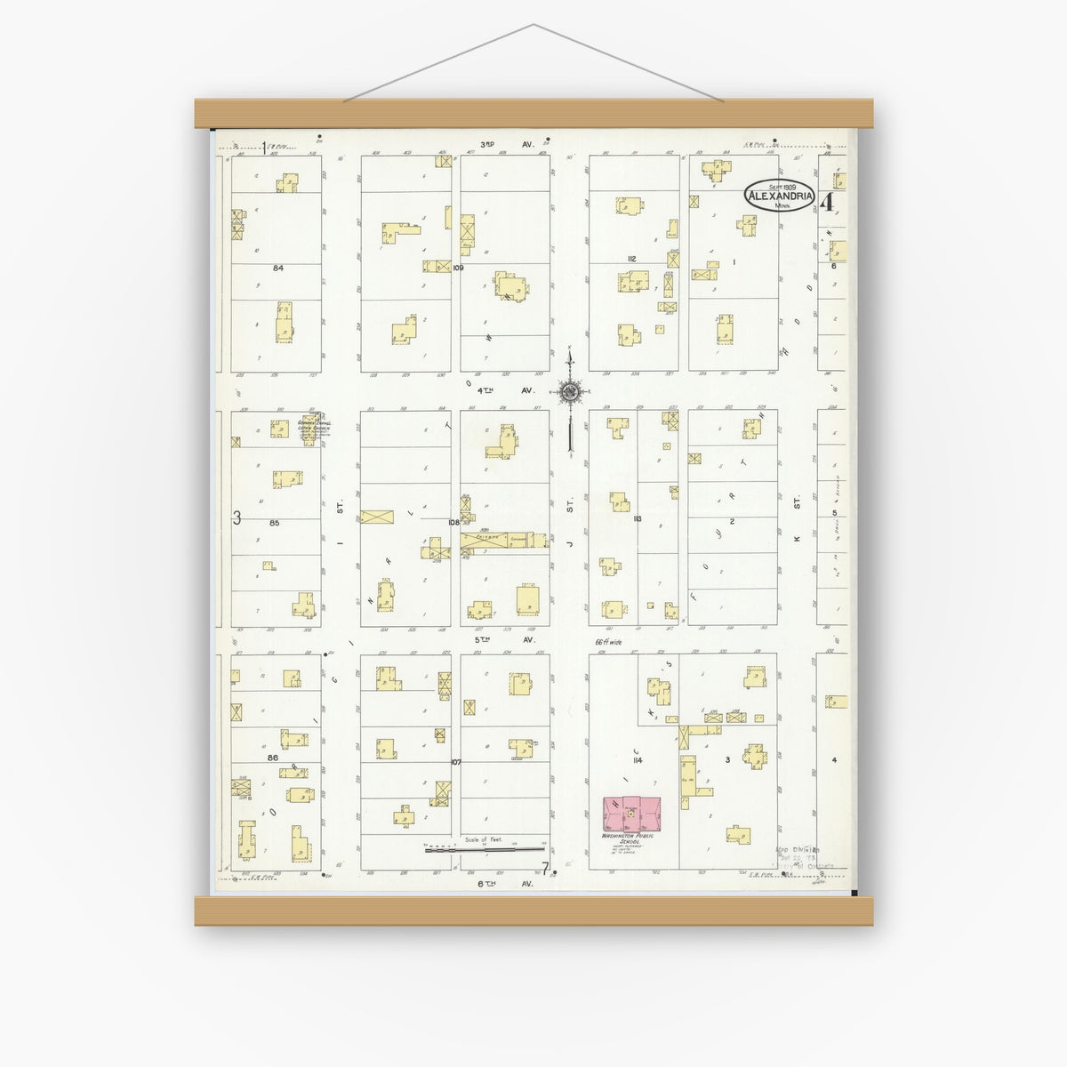 Old map wall art mockup — magnetic wood frame on white wall — Sanborn Fire Insurance Map from Alexandria, Douglas County, Minnesota (1909), Sheet #0004
