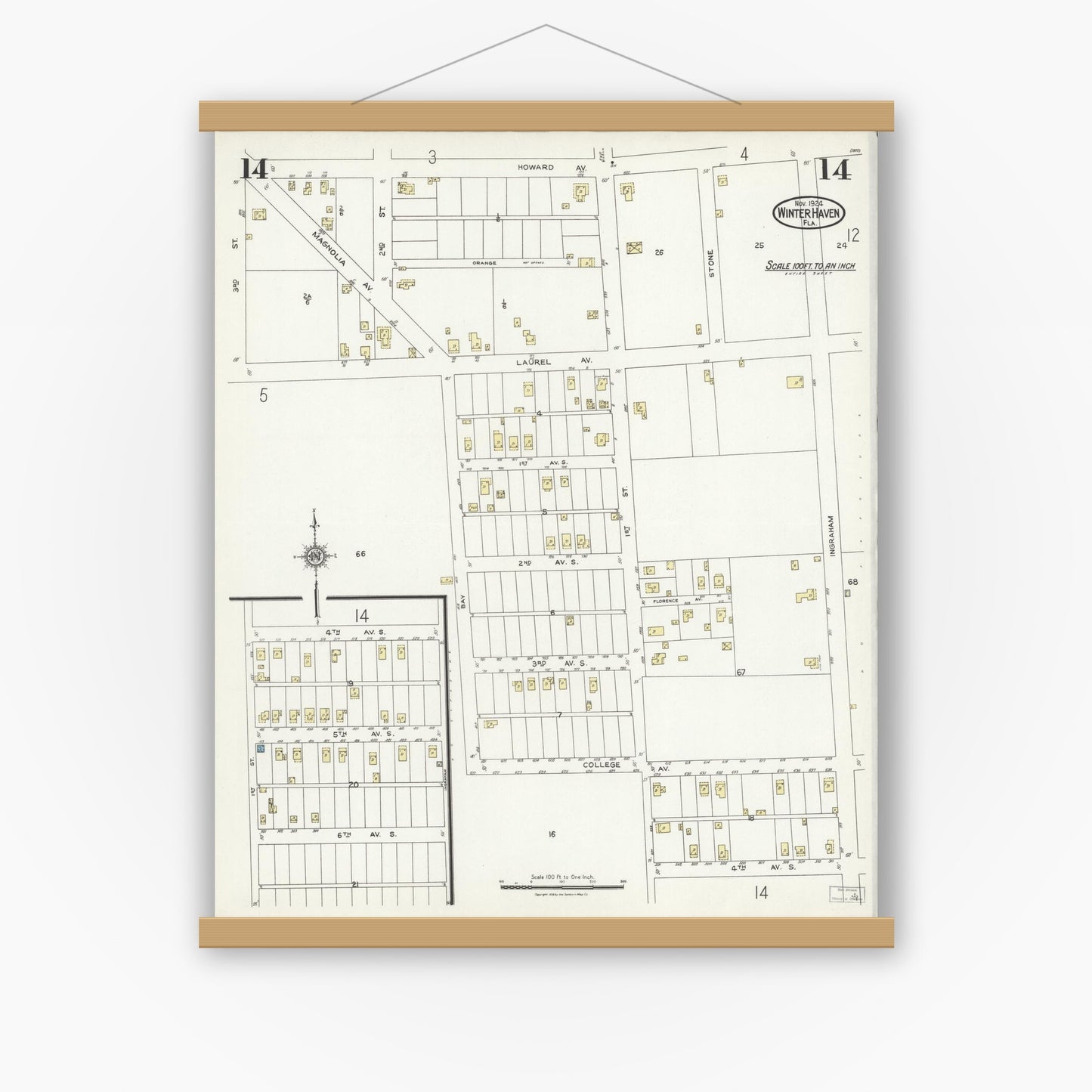 Old map wall art mockup — magnetic wood frame on white wall — Sanborn Fire Insurance Map from Winter Haven, Polk County, Florida (1924), Sheet #0014