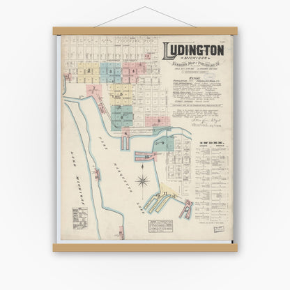 Old map wall art mockup — magnetic wood frame on white wall — Sanborn Fire Insurance Map from Ludington, Mason County, Michigan (1883) - Complete Map Set