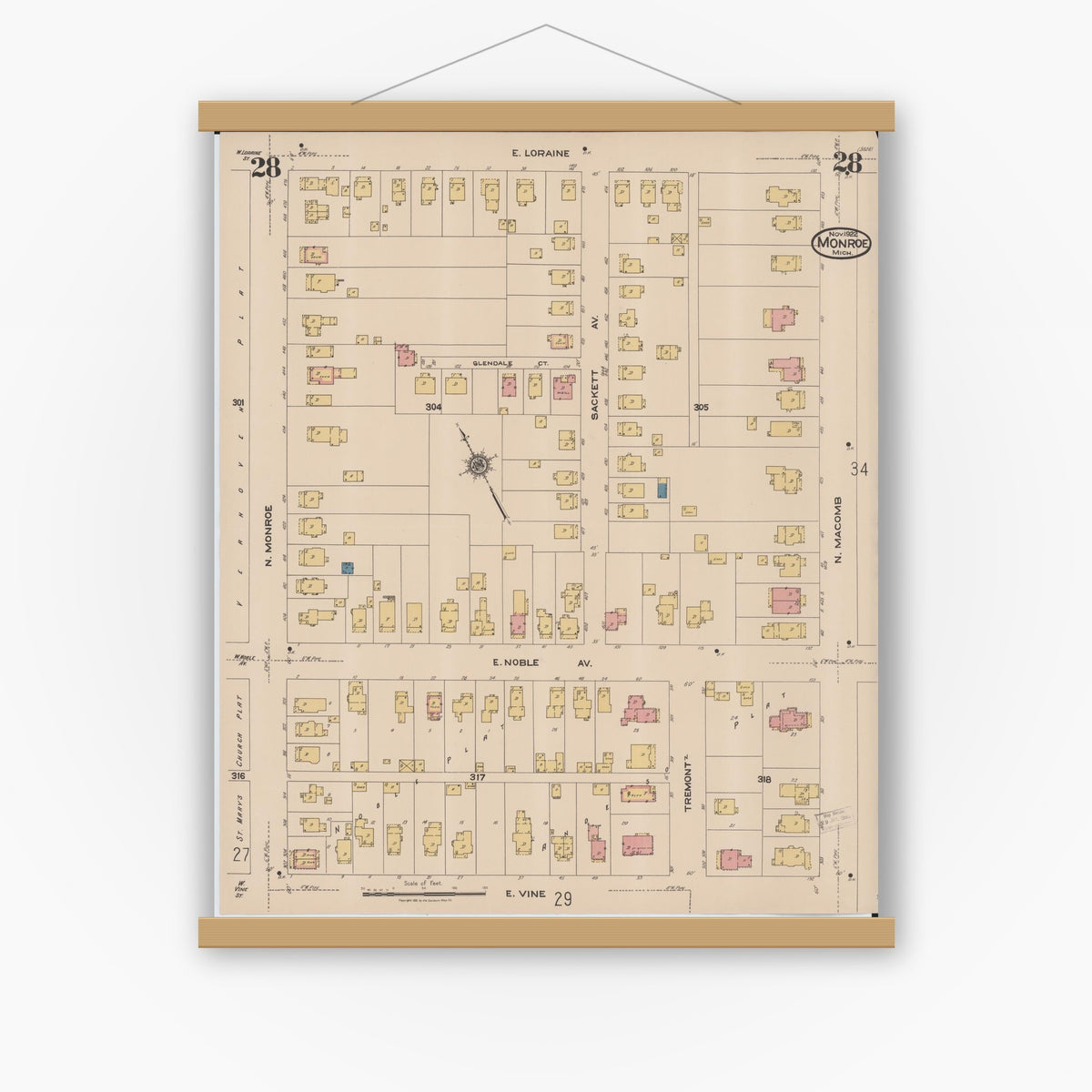 Old map wall art mockup — magnetic wood frame on white wall — Sanborn Fire Insurance Map from Monroe, Monroe County, Michigan (1922), Sheet #0028