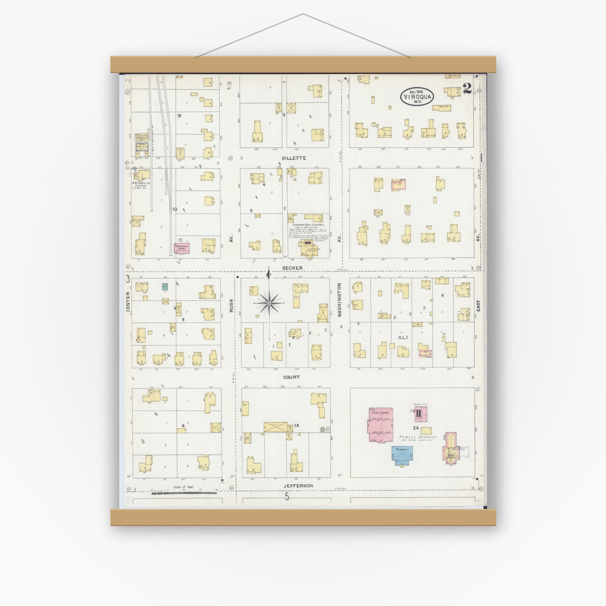 Old map wall art mockup — magnetic wood frame on white wall — Sanborn Fire Insurance Map from Viroqua, Vernon County, Wisconsin (1905), Sheet #0002