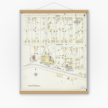 Old map wall art mockup — magnetic wood frame on white wall — Sanborn Fire Insurance Map from Cambridge, Guernsey County, Ohio (1897), Sheet #0002