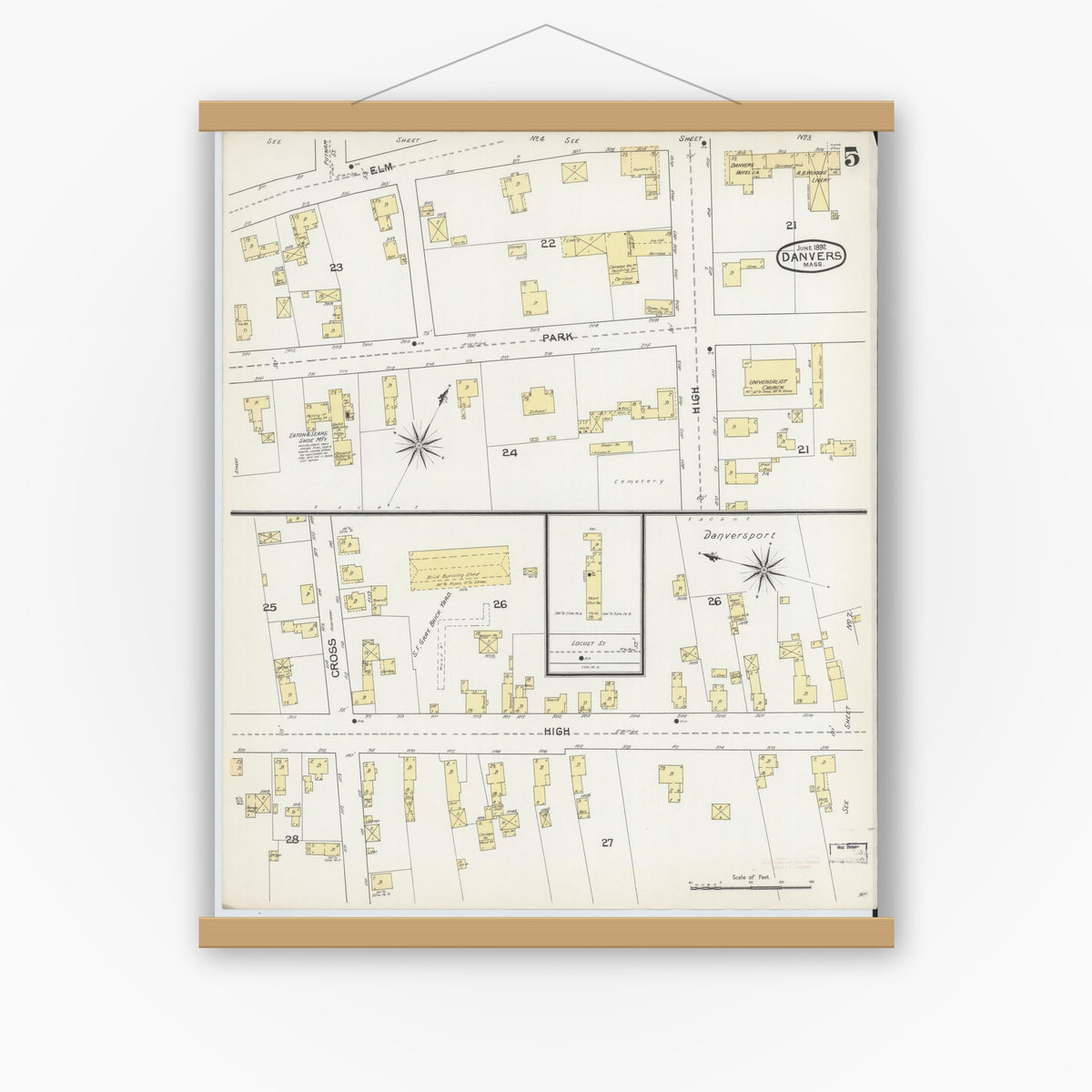 Old map wall art mockup — magnetic wood frame on white wall — Sanborn Fire Insurance Map from Danvers, Essex County, Massachusetts (1892), Sheet #0005