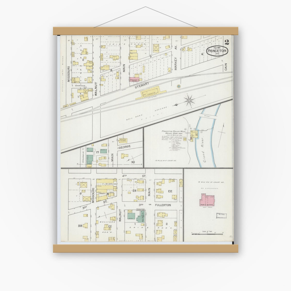 Old map wall art mockup — magnetic wood frame on white wall — Sanborn Fire Insurance Map from Princeton, Mercer County, Missouri (1893), Sheet #0002