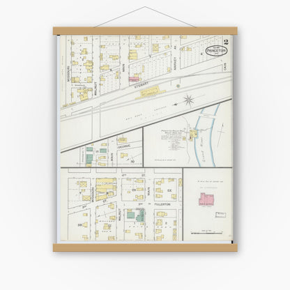 Old map wall art mockup — magnetic wood frame on white wall — Sanborn Fire Insurance Map from Princeton, Mercer County, Missouri (1893), Sheet #0002