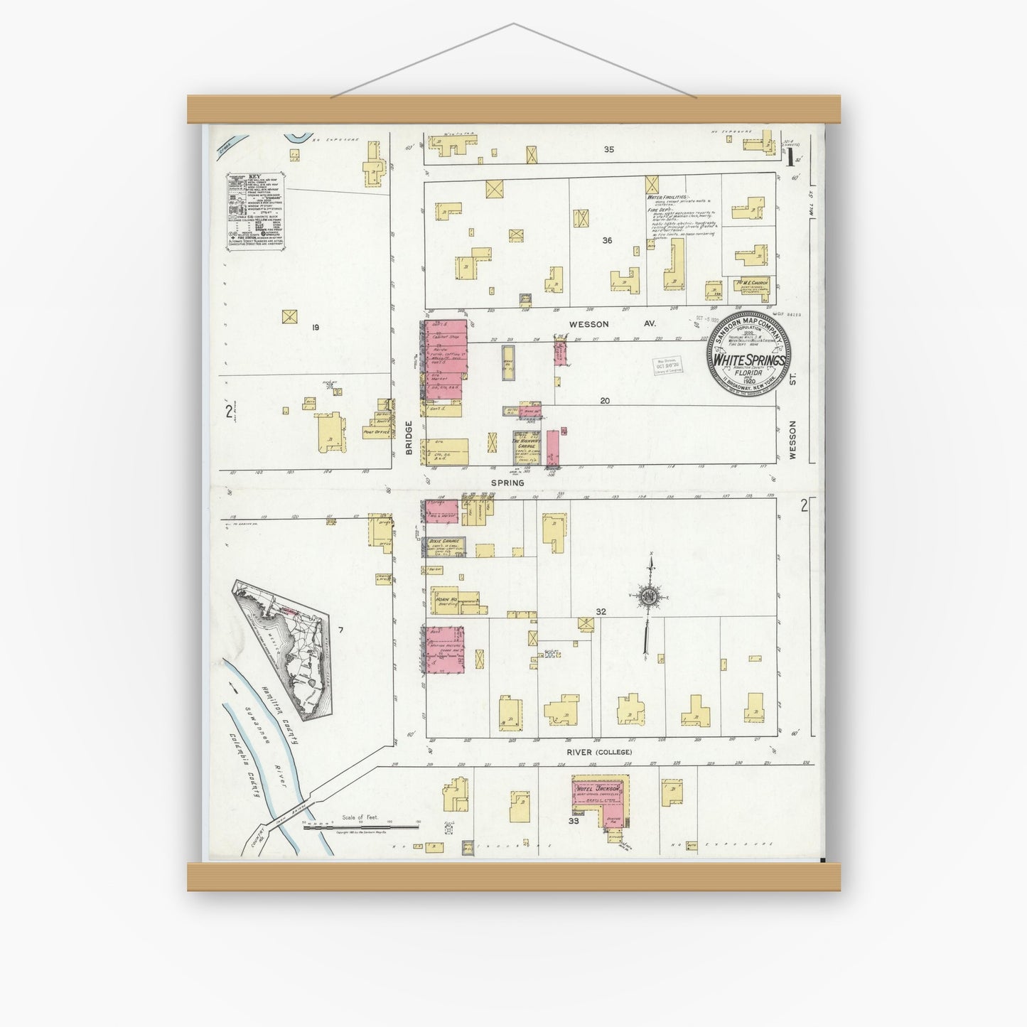 Old map wall art mockup — magnetic wood frame on white wall — Sanborn Fire Insurance Map from White Springs, Hamilton County, Florida (1920) - Complete Map Set