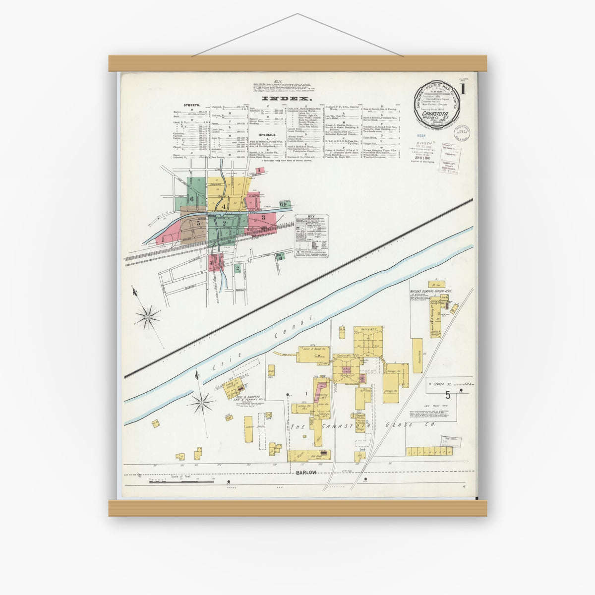Old map wall art mockup — magnetic wood frame on white wall — Sanborn Fire Insurance Map from Canastota, Madison County, New York (1900), Sheet #0001