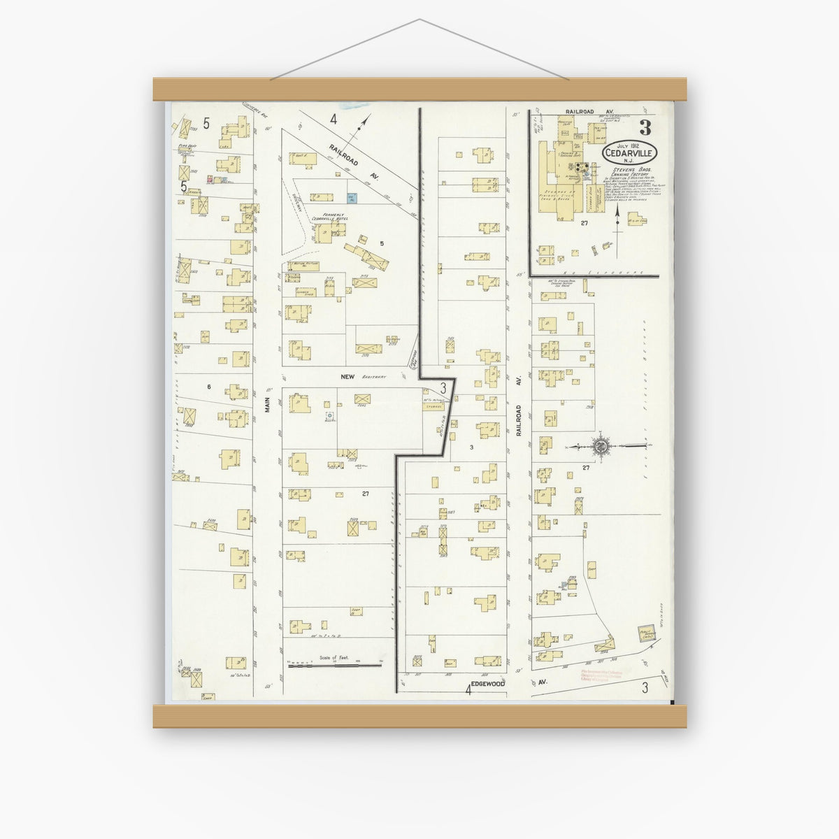 Old map wall art mockup — magnetic wood frame on white wall — Sanborn Fire Insurance Map from Cedarville, Cumberland County, New Jersey (1912), Sheet #0003