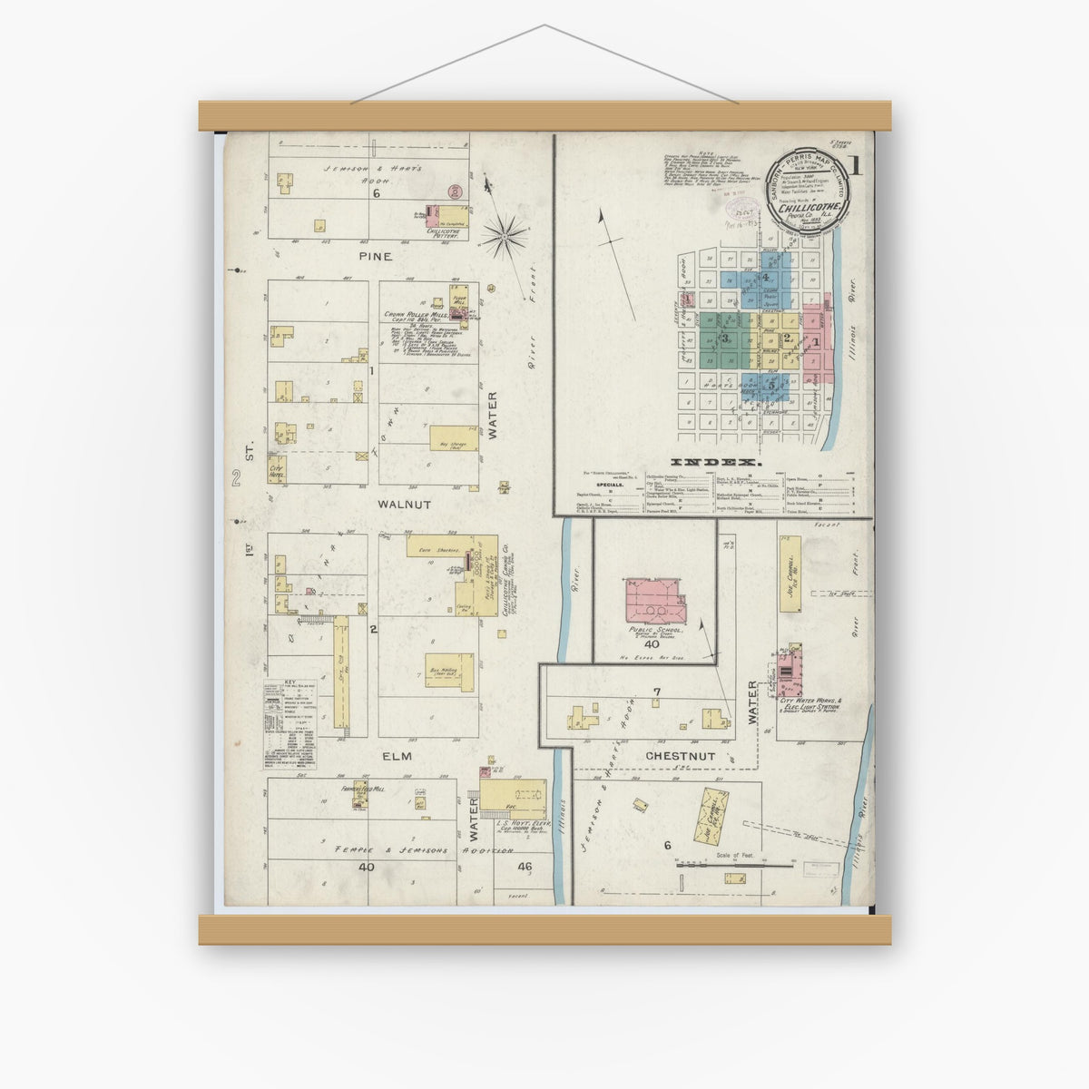 Old map wall art mockup — magnetic wood frame on white wall — Sanborn Fire Insurance Map from Chillicothe, Peoria County, Illinois (1893), Sheet #0001