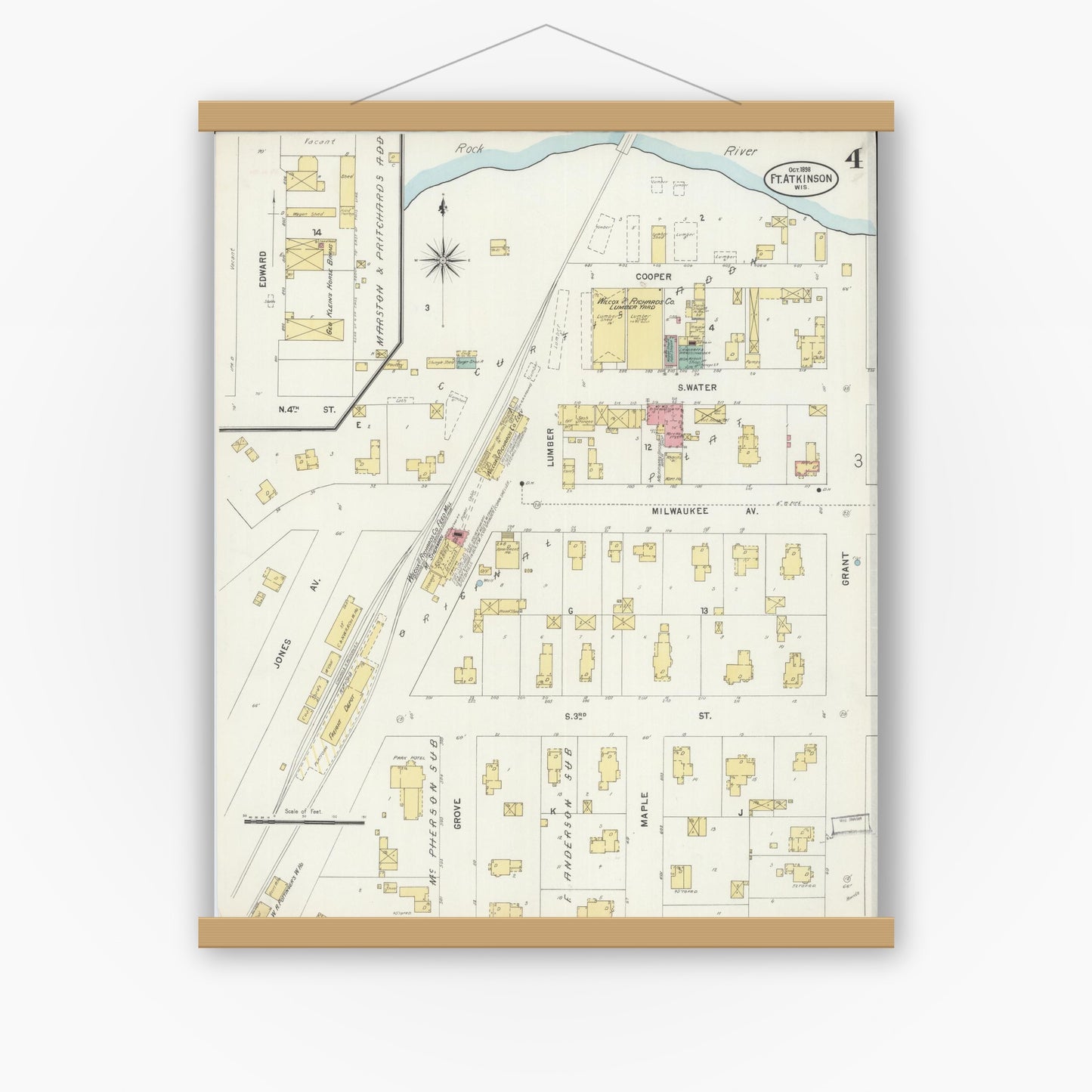 Old map wall art mockup — magnetic wood frame on white wall — Sanborn Fire Insurance Map from Fort Atkinson, Jefferson County, Wisconsin (1898), Sheet #0004