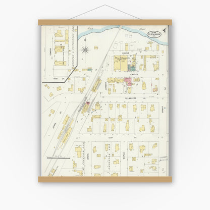 Old map wall art mockup — magnetic wood frame on white wall — Sanborn Fire Insurance Map from Fort Atkinson, Jefferson County, Wisconsin (1898), Sheet #0004