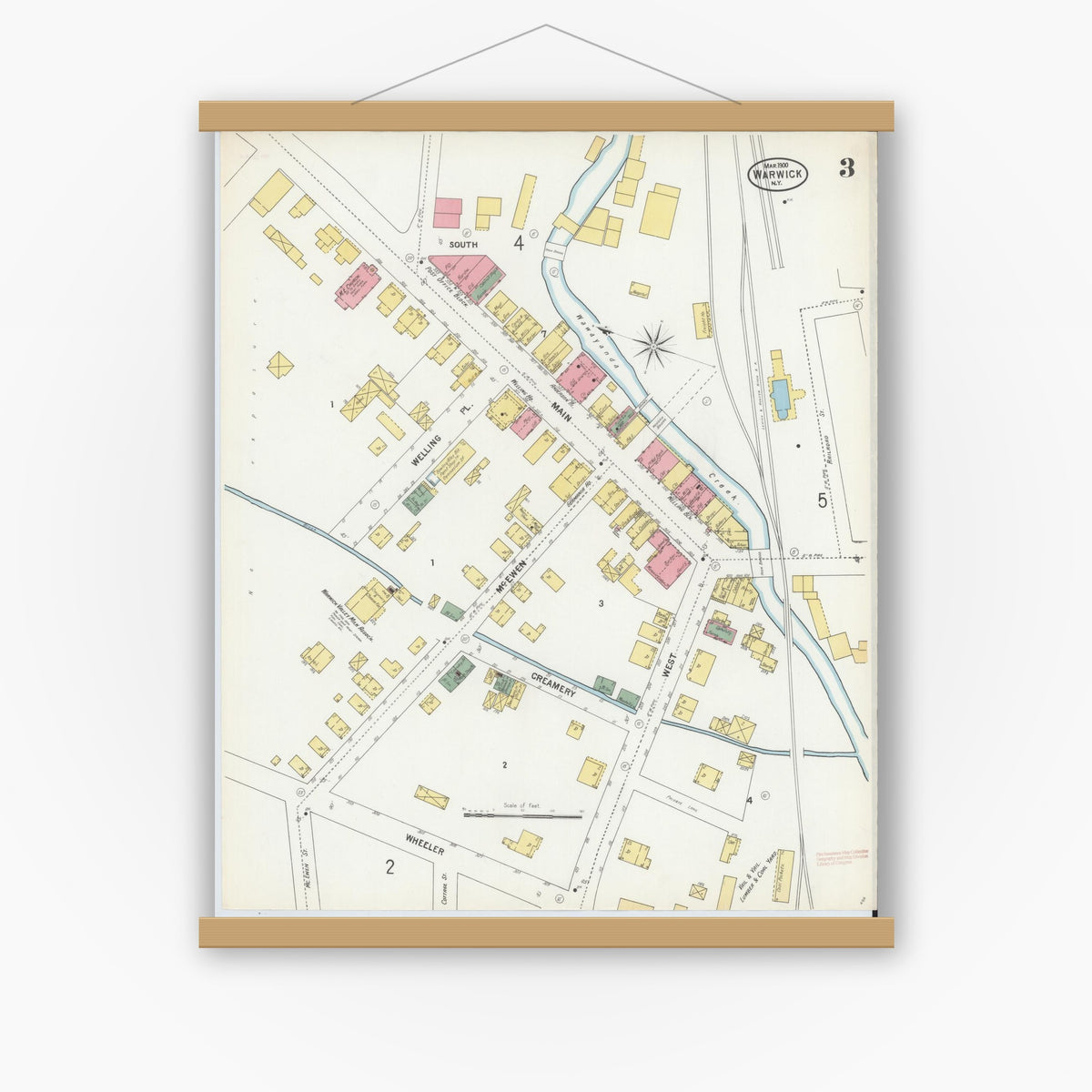 Old map wall art mockup — magnetic wood frame on white wall — Sanborn Fire Insurance Map from Warwick, Orange County, New York (1900), Sheet #0003
