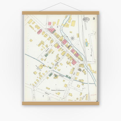 Old map wall art mockup — magnetic wood frame on white wall — Sanborn Fire Insurance Map from Warwick, Orange County, New York (1900), Sheet #0003