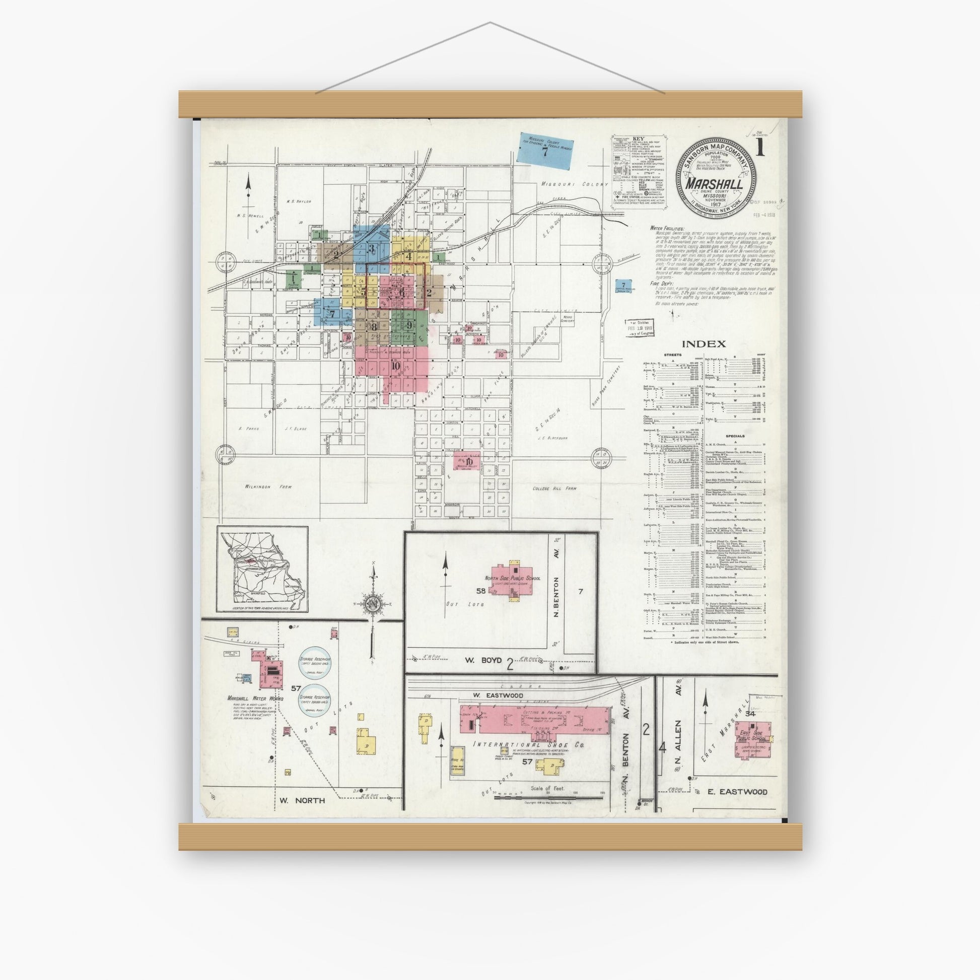 Old map wall art mockup — magnetic wood frame on white wall — Sanborn Fire Insurance Map from Marshall, Saline County, Missouri (1917), Sheet #0001